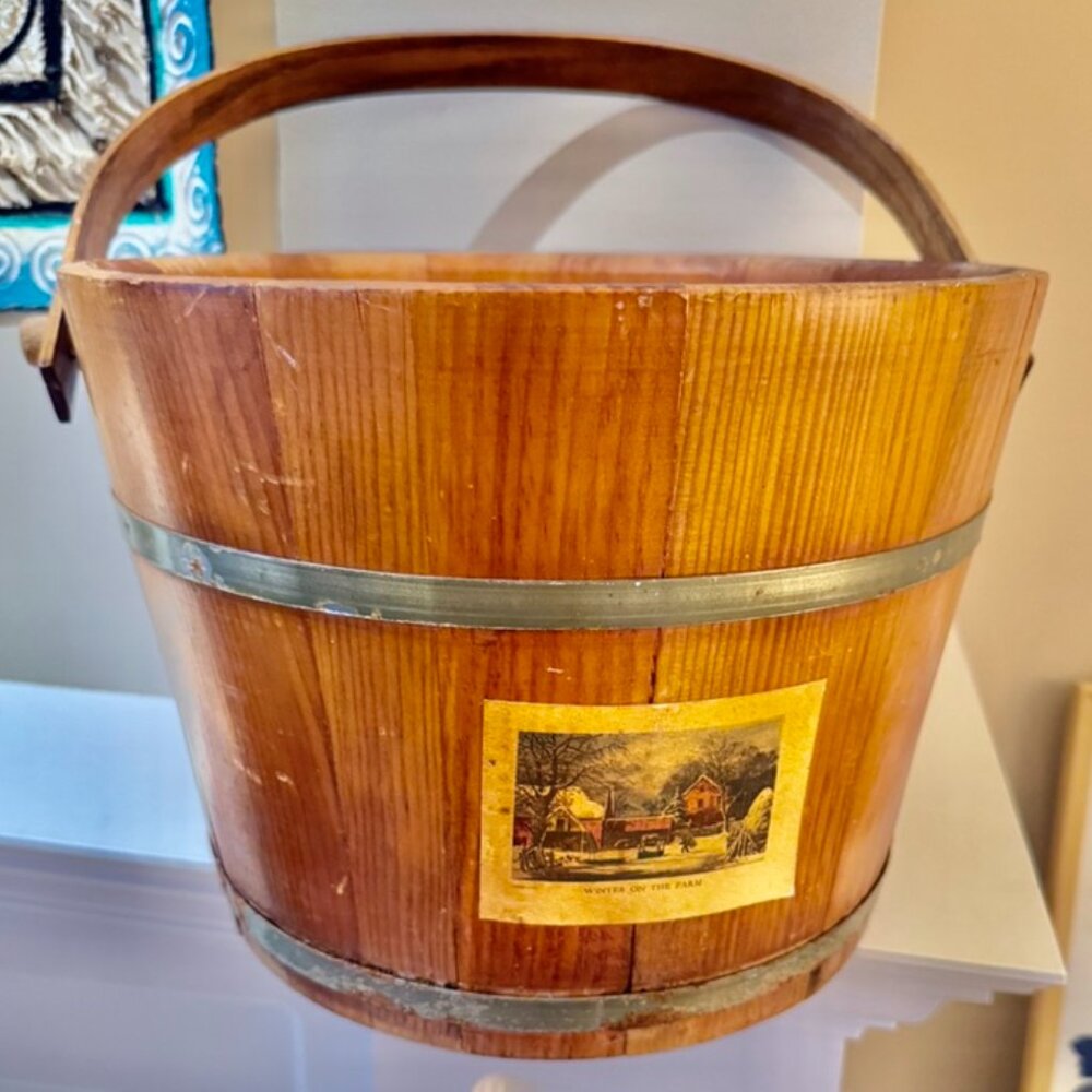 Antique Swing Handle Wood Firkin Bucket with Currier & Ives Print